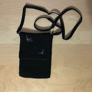 Black crocheted crossbody with beaded butterfly detail